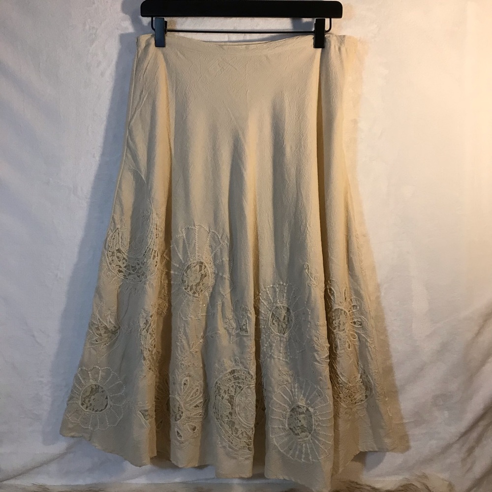 Chico's Ivory Lace Cutout Embroidered Midi Skirt Size 1 (small)Cream Sequin Boho
